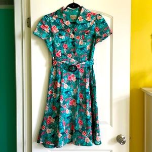 Lindy Bop “Lilith” Green Floral Leopard Print Tea Dress